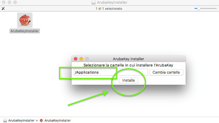 L’installer chiede la cartella di destinazione: indicare /Applications